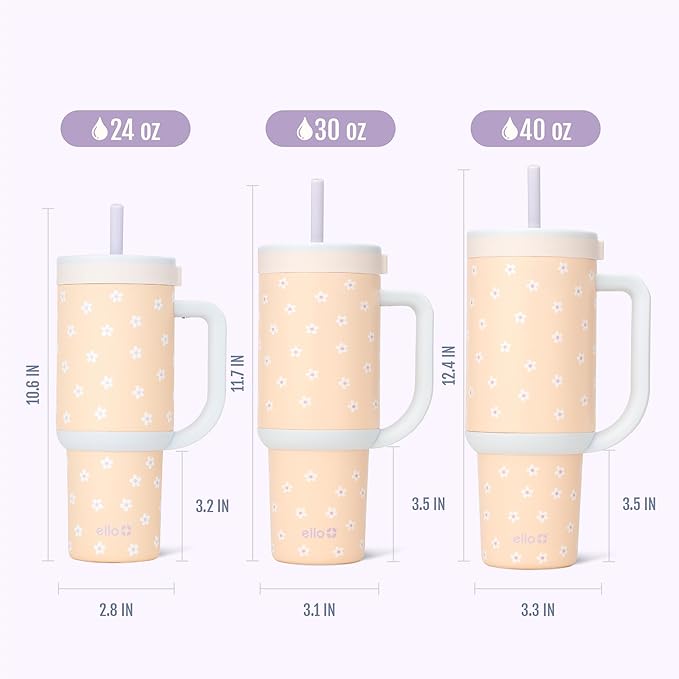 Ello Oasis 24oz Tumbler with Handle & Retracting Straw | Reusable Insulated Stainless Steel Cup 100% Leakproof, Gifts for Teens Women Men | Keeps cold for 24 Hours, Cup Holder Friendly, Orange Daisies