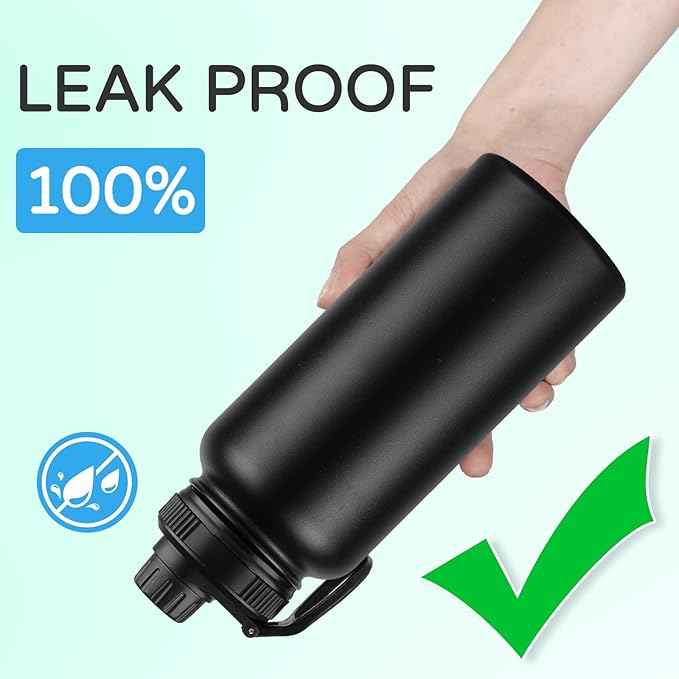 DOMICARE 32 oz Insulated Water Bottle Bulk, Vacuum Insulated Stainless Steel Sports Water Bottle with Straw Lid & Spout Lid, Leakproof, Reusable - Travel, Camping, Bike, Black (4 Pack)