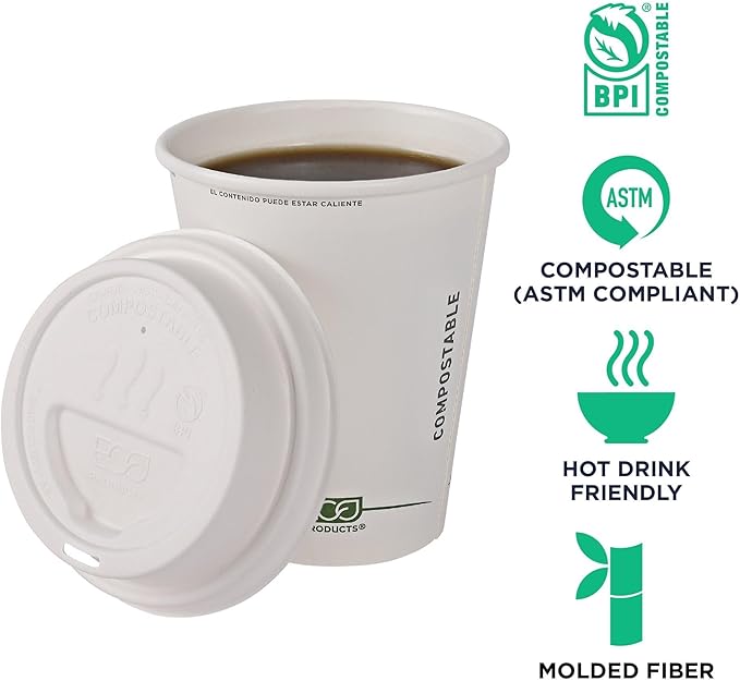 Eco-Products Compostable Molded Fiber Coffee Cup Lids, Case of 1000, White GreenStripe Tops, Fits 8oz Hot Cups, Disposable White Molded Fiber, No PFAS, Tree-Free, ASTM Compliant, BPI-Certified