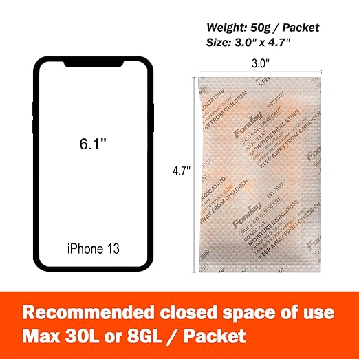 50Gram 10Packets Fonday Rechargeable Silica Gel Desiccant Packets Food Grade Fast Reactivate Desiccant Bags Moisture Indicating Orange to Green