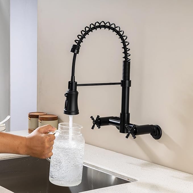 Wall Mount Kitchen Faucet, 8 Inch Center Wall Mount Faucet with Pull Down Sprayer, Commercial Spring Wall Faucet for Kitchen Sink, 3 Functions, Dual Handle, 304 Stainless Steel, Matte Black
