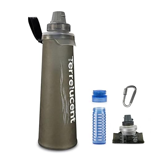 33.8 oz Collapsible Water Bottle with Filter, Squeeze Filtered Water Bottle, BPA-Free, Dual Filtration, Ultralight Water Filter System for Hiking, Camping, Backpacking (Gray, 33.8 OZ)
