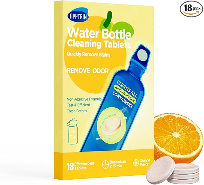 Water Bottle Cleaning Tablets, 18 Pack Bottle Clean Tablet Hydration Bladder Cleansing Tablets for Hydration Bladder, Water Bottle, Individually Packed, Orange Flavor