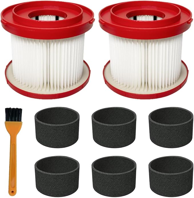 2 Pack 49-90-1900 Replacement HEPA Filter Compatible with Milwaukee Cordless M18 Vacuum 0780-20 0880-20, with 6 Foam Sleeve Filters 1 Brush - AquaVibe