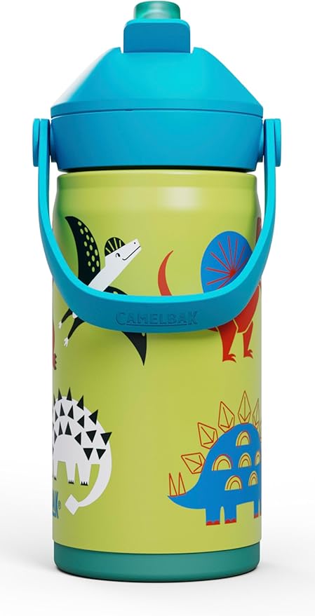 CamelBak Thrive Flip Straw Kids Bite Valve Stainless Steel Water Bottle Dino Jam, 12oz
