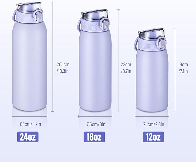 Insulated Water Bottle 12 oz with Dustproof Lid, Carry Handle & Tea Infuser, BPA-Free & Leakproof, Stainless Steel Water Bottles Ideal for Fitness, Hiking, Office & Outdoor Use （Light Purple ）