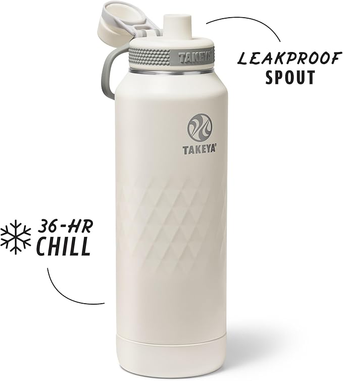 Takeya Sport 40 oz Triple-Insulated Stainless Steel Water Bottle, Spout Lid – Leakproof, Sweatproof, BPA-Free, Keeps Drinks Cold 36 Hrs, Hot 14 Hrs – Alpine