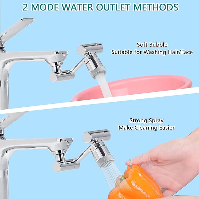 TIDYENDURE 1080°Swivel Faucet Extender, Sink Water Faucet Aerator Extension, 2-Flow Sprayer Faucet Head, Faucets Bubbler for Kitchen and Bathroom Sink Faucet, Tap Adjustment for Face Washing, Silver