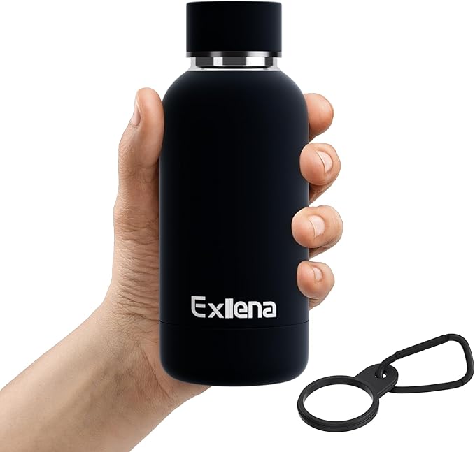 Exllena Small Water Bottle 12oz with Clip, Double Wall Stainless Steel Vacuum Small Insulated Water Bottle Keeps Drinks Cold 24 Hrs/Hot 12 Hrs for Kids Handbag School BPA Free (Black)