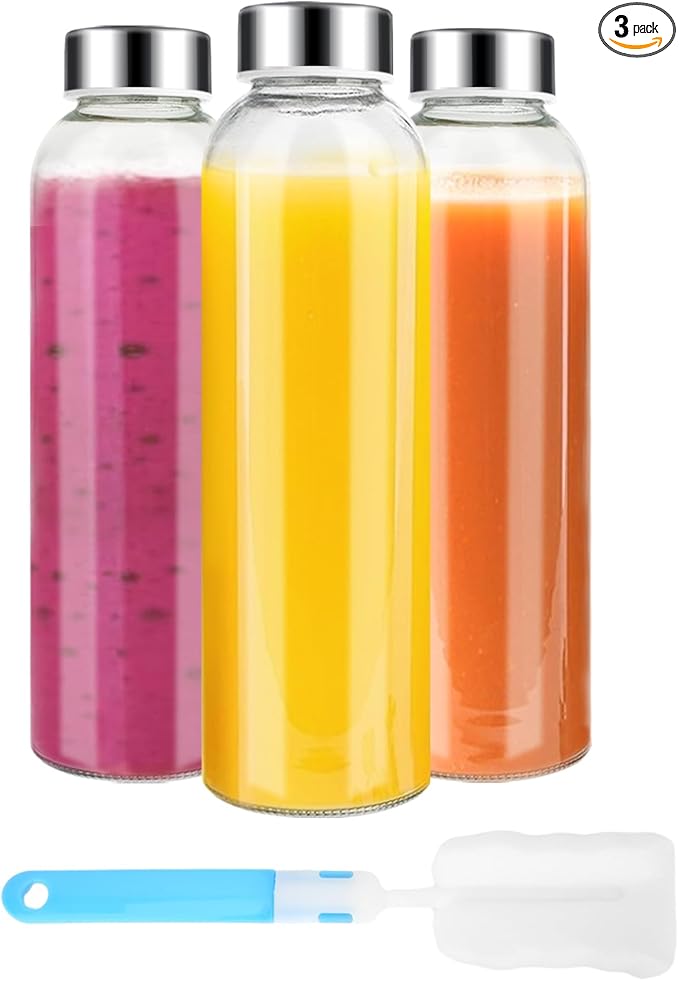 Luxfuel Clear Glass Bottles with Lids 18 oz, Reusable Glass Water Bottles with Stainless Steel Cap for Refrigerator, Juicing, 100% Leak Proof, BPA Free, Juice Bottle Drinking Jar Containers Set of 3