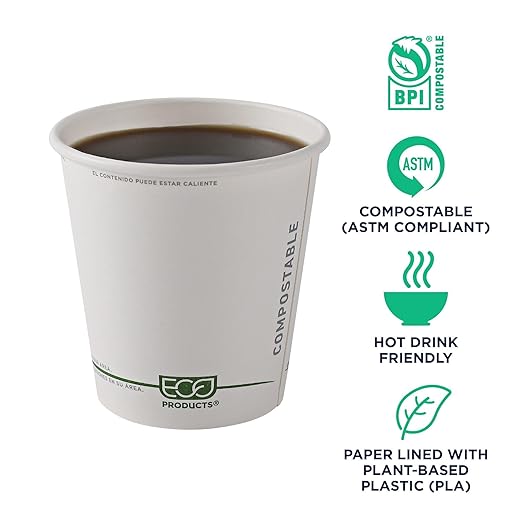 ECO PRODUCTS Compostable Disposable GreenStripe 10oz Coffee Cups, Case of 1000, White Single Wall Hot Paper Cup, Plant Based PLA Lining, Biodegradable