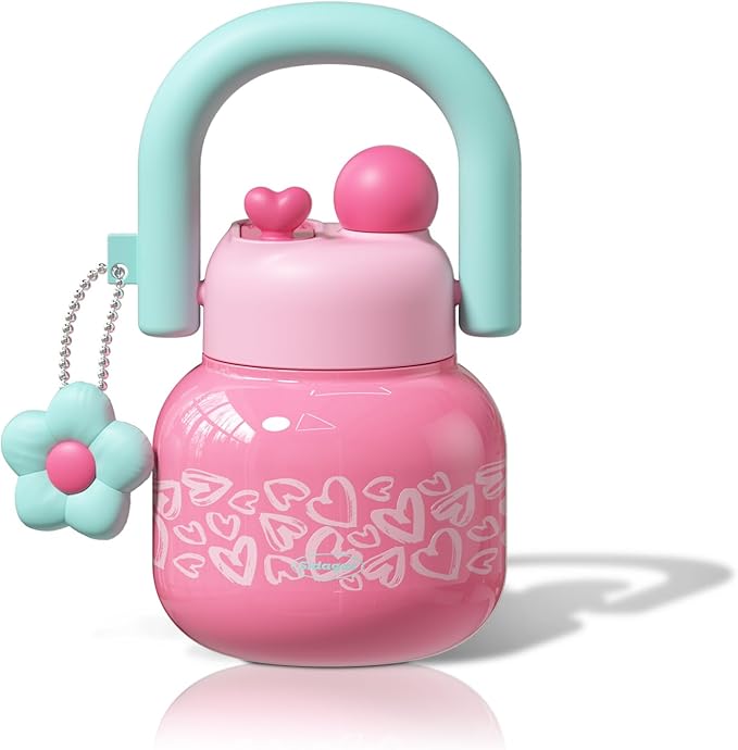 22 oz Tumbler with Straw and Carry Handle, Wide Mouth Insulated Stainless Steel Travel Water Bottle, Heart Pattern Flask for Gym & Office, Preppy Kawaii Valentines Day Gift