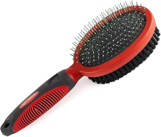Tuff Pupper Double Sided Dog Brush, Detangling Tool for Dogs and Cats, Pin & Bristle Pet Brush, for and Hair Types, With Comfort-Grip Anti-Slip Handle, Brown, Black, White - AquaVibe