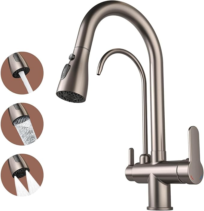 Kitchen Sink Faucet with Pull - Down Sprayer, 2 - Handle 3 - in - 1 Kitchen Sink Filter Faucet, Cold and Hot Mixer Drinking Water Faucet (Grey-02)