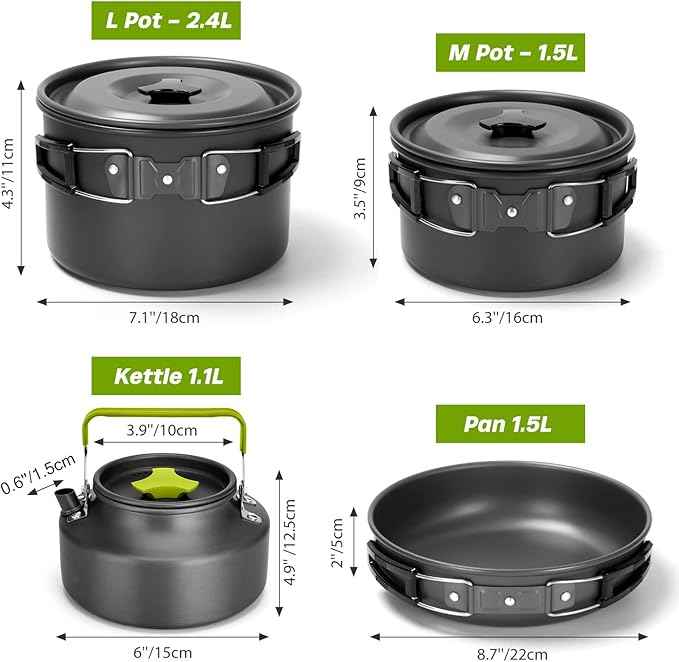 Odoland 29pcs Camping Cookware Mess Kit, Non-Stick Lightweight Pots Pan Kettle, Collapsible Water Container and Bucket, Stainless Steel Cups Plates Forks Knives Spoons for Outdoor Backpacking Picnic