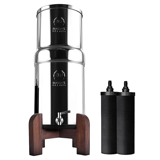 Phoenix Gravity - 3.25 Gallon Water Filter AISI 304 Stainless Steel Gravity Fed Water Filter System, NSF Certified 2 Smart Carbon Filter Elements, Free Stainless Steel Water Spigot & Teak Wood Stand