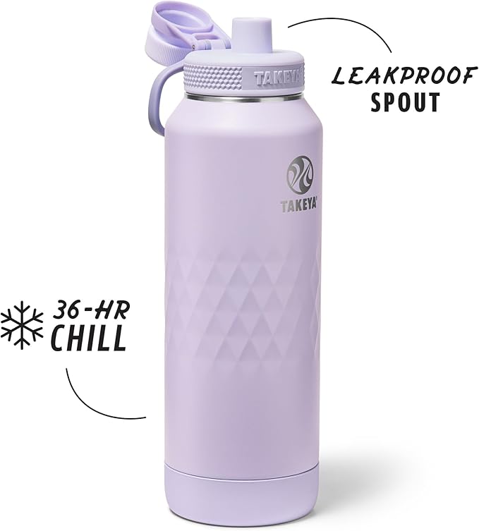 Takeya Sport 40 oz Triple-Insulated Stainless Steel Water Bottle, Spout Lid – Leakproof, Sweatproof, BPA-Free, Keeps Drinks Cold 36 Hrs, Hot 14 Hrs – Moonlight