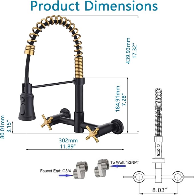 Wall Mount Kitchen Faucet, 8 Inch Center Wall Mount Faucet with Pull Down Sprayer, Commercial Spring Wall Faucet for Kitchen Sink, 3 Functions, Dual Handle, 304 Stainless Steel, Black and Brushed Gold