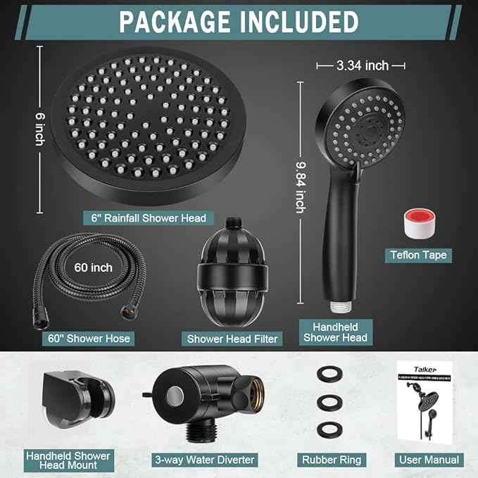 Taiker Filtered Shower Head, High Pressure Rainfall Shower Head/Handheld Shower Filter Combo, Luxury Modern Chrome Plated with 60'' Hose Anti-leak with Holder (Black)