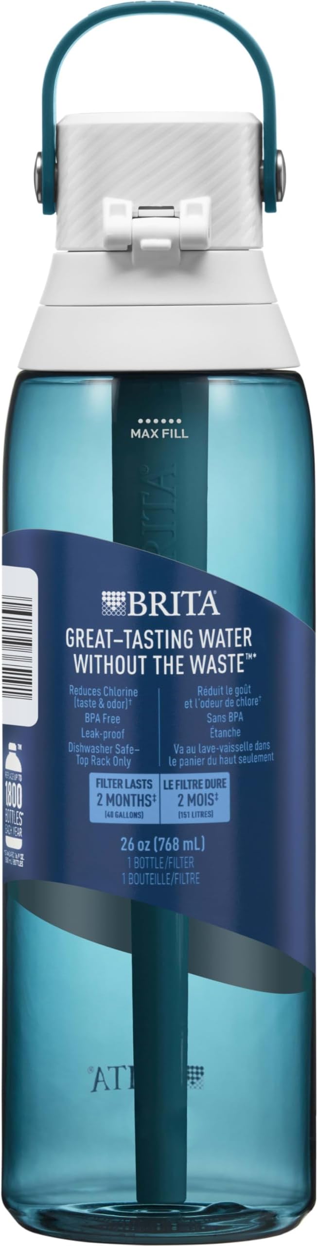 Brita Hard-Sided Plastic Premium Filtering Water Bottle, BPA-Free, Reusable, Replaces 300 Plastic Water Bottles, Filter Lasts 2 Months or 40 Gallons, Includes 1 Filter, Sea Glass - 26 oz