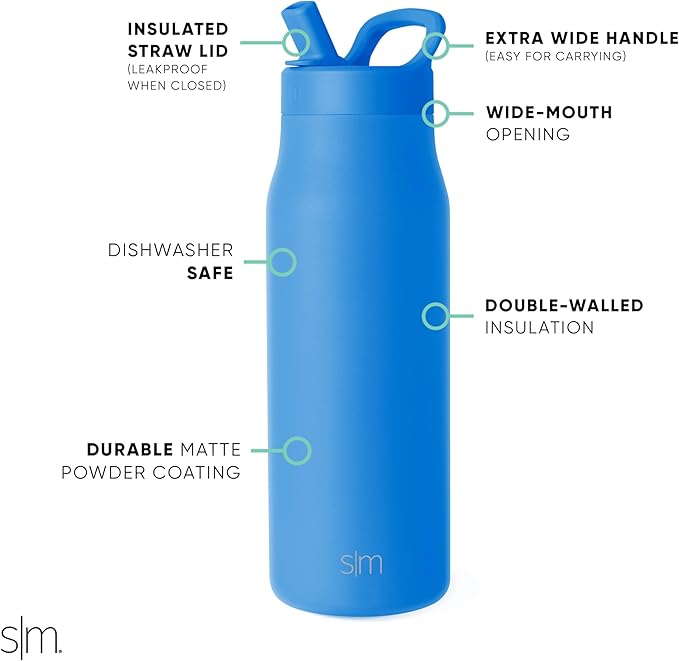 Simple Modern Water Bottle with Straw lid | Insulated Stainless Steel Thermos | Reusable Travel Water Bottles for Gym & Sports | Leak Proof & BPA Free | 34oz, Supersonic Blue