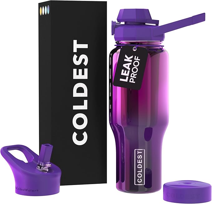 Coldest Sports Water Bottle - 3 in 1 Lids (Chug, Straw, Handle) - Insulated Stainless Steel Tumbler with Handle - Vacuum Water Flask Cup, Valentines Gifts for Him Her (36 oz, Purple Nova)