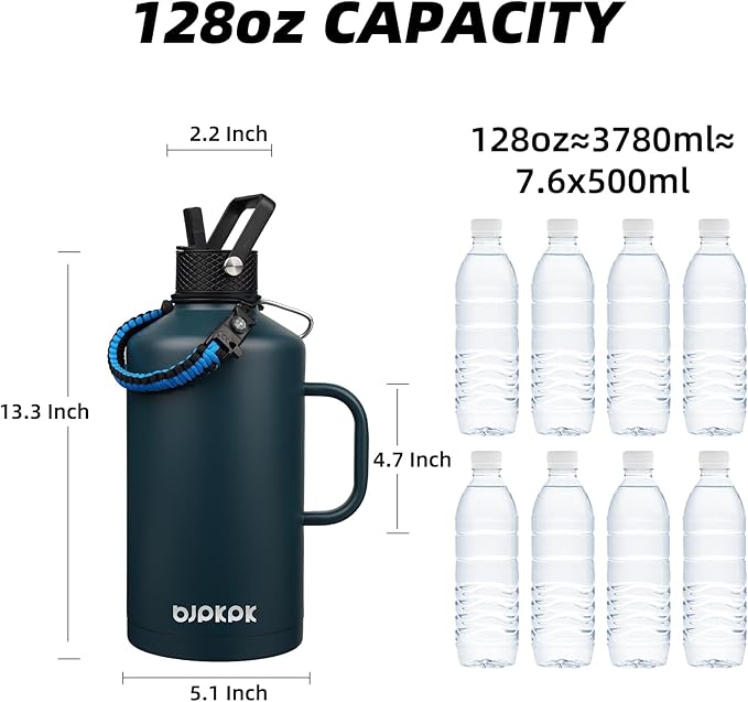 BJPKPK 1 Gallon Water Bottle Insulated with Straw Lid, 128oz Large, Stainless Steel Water Bottles with 3 Lids and Paracord Strap, Double Wall Vacuum Metal Water Jug,Navy Blue