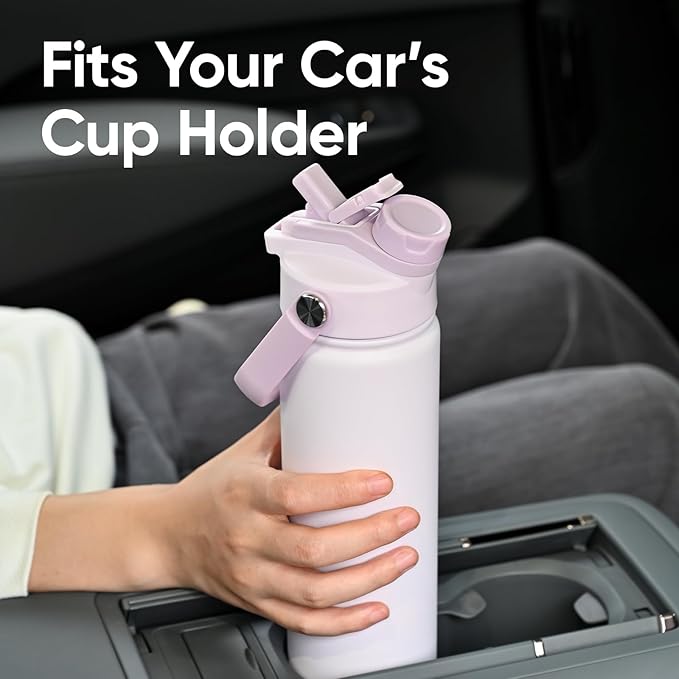 KEWIXY 24 oz Insulated Water Bottle, 2-in-1 Lid, Straw & Spout with Protected, Leak Proof, Keep Cold, Stainless Steel, Metal, Reusable, Handle, for Travel, Gym and School, 2 Lids, Pale Mauve