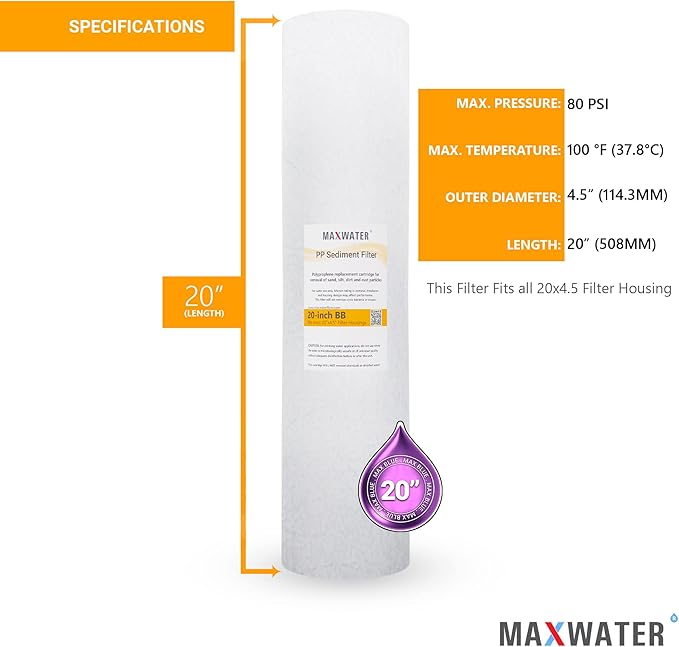 Max Water 10 Micron 20 x 4.5 Sediment Water Filter Replacement Cartridge, Whole House Sediment Filtration Compatible with DGD-5005-20, FP25B, AP810-6, FPMB5-20, P5-20, 155358-43, SDC-45-2005, 4 Pack