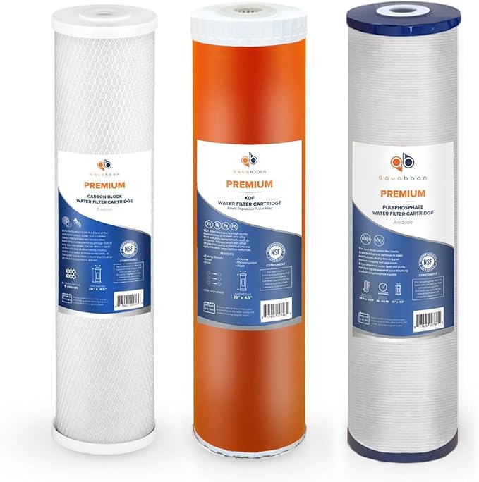 Aquaboon 5 Micron 20 x 4.5 Whole House Water Filter Replacement Cartridge Set: Anti-Scale, KDF, CTO for 3-Stage Water Filtration System 1 Pack
