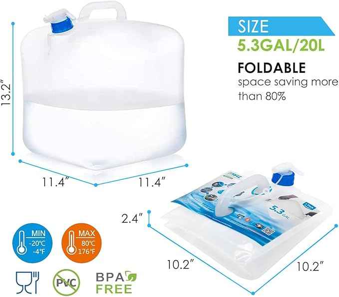 Collapsible Water Container with Spigot, 2×5.3 Gallon BPA Free Camping Water Storage Jug Carrier for Outdoors Hiking Backpack RV&Emergency, Survival Water Canteen-Portable Foldable Transparent