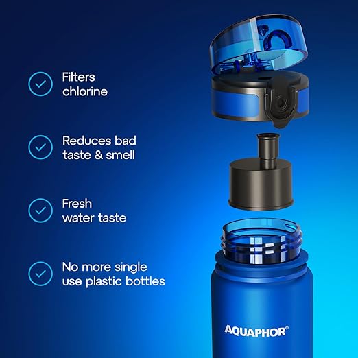 AQUAPHOR City Filtered Water Bottle in Tritan BPA-free - Portable with Integrated Water Purifying Filter 500 ml - Blue