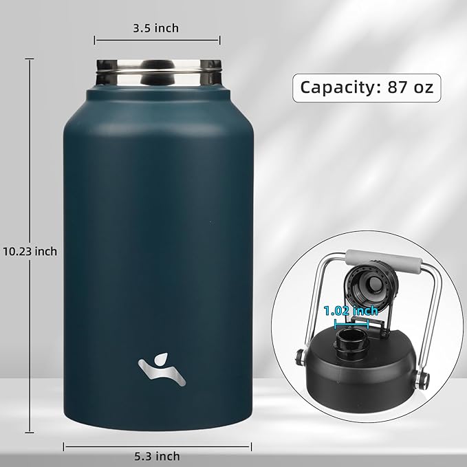 Jug with Handle,87 oz Insulated Water Bottle with Carrying Pouch, Double Wall Vacuum Stainless Steel Metal Bottle,Navy blue