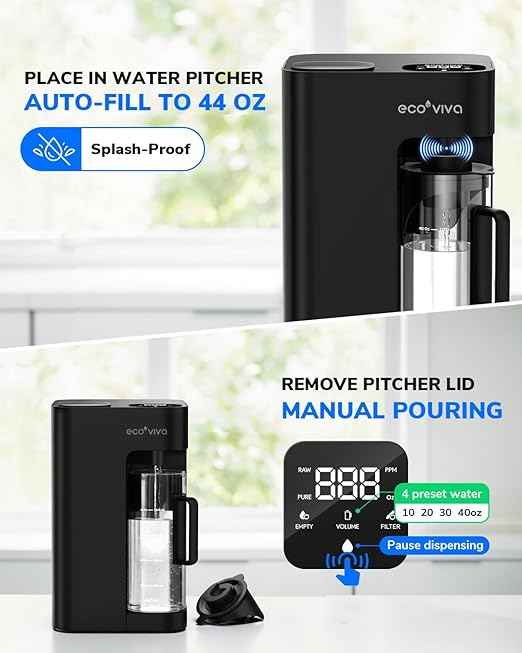 Ecoviva Mate 3 Countertop Reverse Osmosis Water Filter, 8-Stage RO Water Filtration System with 44oz Water Pitcher Smart Auto-Filling, Water Purifier, 3:1 Pure to Drain, Black