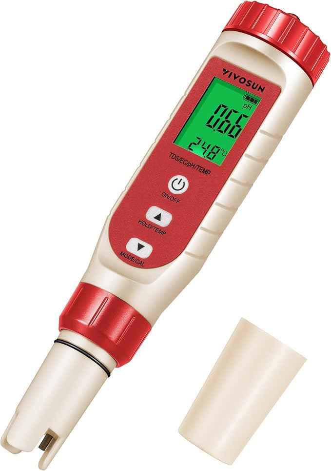 VIVOSUN 4-in-1 Digital pH Meter with pH/TDS/EC/Temp Function, 0-14.0 pH Measurement Range, ±0.1 pH Accuracy Water Quality Tester for Hydroponics, Household Drinking, and Aquarium
