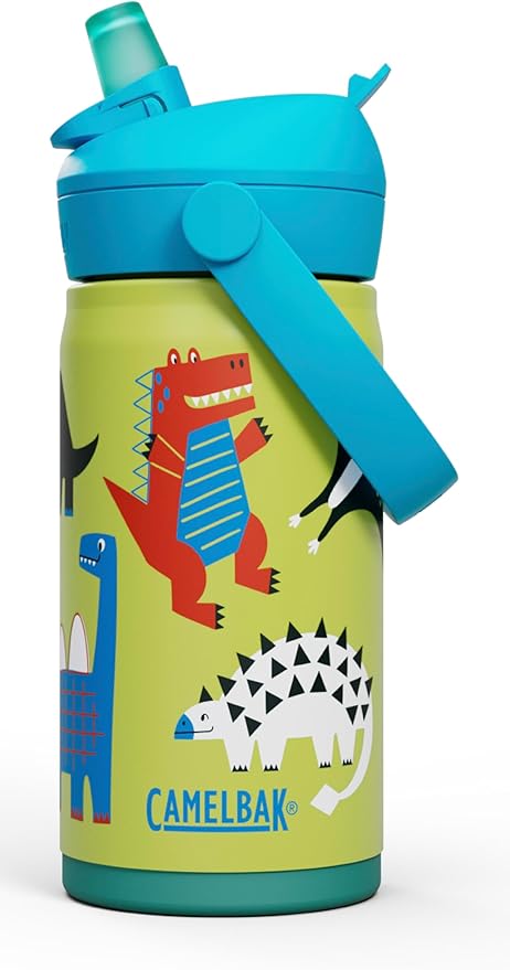 CamelBak Thrive Flip Straw Kids Bite Valve Stainless Steel Water Bottle Dino Jam, 12oz