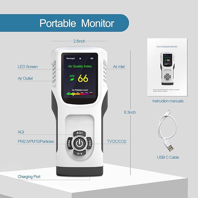 6-in-1 Air Quality Monitor Indoor CO2 Monitor, 3000mAh AQI TVOC Air Quality Tester for Home PM2.5 PM10 Particle Counter Air Quality Monitor with Graph, Portable Outdoor LED Screen