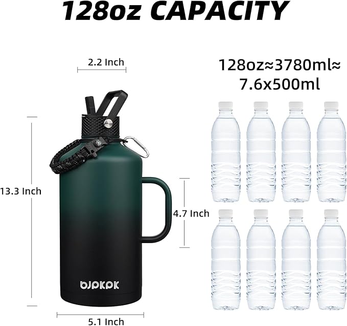 BJPKPK 1 Gallon Water Bottle Insulated with Straw Lid, 128oz Large, Stainless Steel Water Bottles with 3 Lids and Paracord Strap,Double Wall Vacuum Metal Water Jug,Army Green&Black
