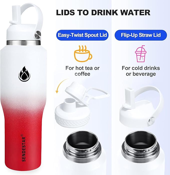 SENDESTAR 40oz Stainless Steel Water Bottle(Cold for 48 Hrs, Hot for 24 Hrs),Double Wall Vacuum Insulated Bottle with Straw Lid, Spout Lid and Flex Cap, Fit in Any Car Cup Holder