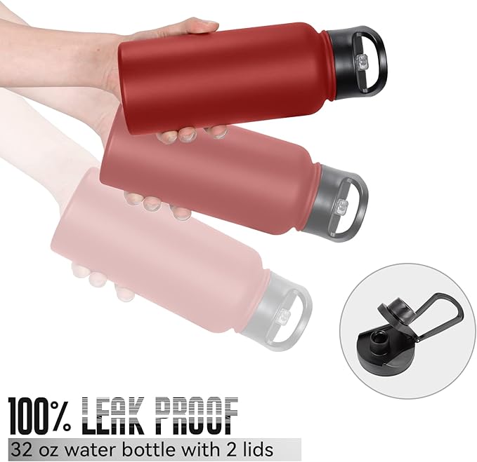 32 oz Insulated Water Bottle with Straw Lid & Wide Mouth Lids, Stainless Steel Sports Water Bottles, Double Walled Vacuum, Leak Proof, Red
