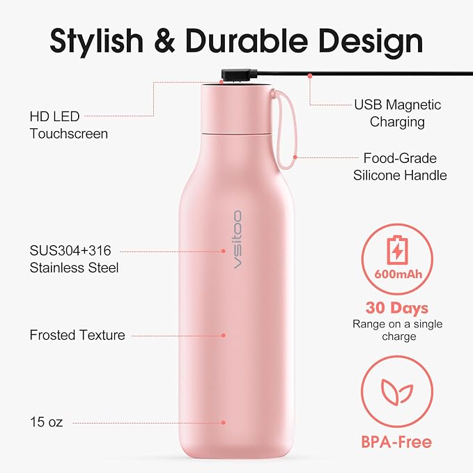VSITOO 33oz Smart Self Cleaning Water Bottle，Insulated Water Bottle with Stainless Steel, BPA-Free, AI Self-Clean, 30-Day Battery, Magnetic Charging for Travel, Gym or Office, Pink