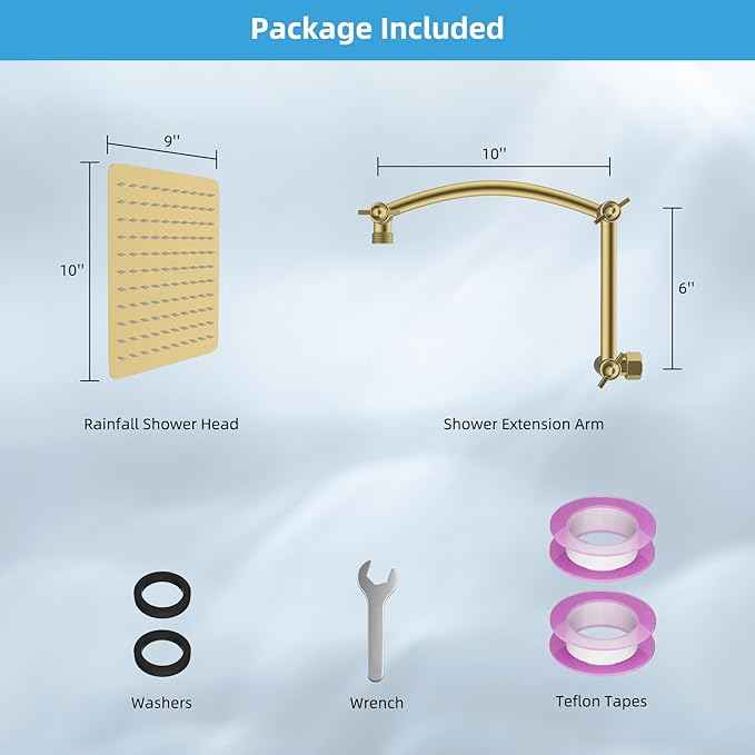 Hibbent All Metal cUPC Certified Rain Shower Head, 10'' High Pressure Rainfall Showerhead with 16" Shower Head Extension Arm, Brass Adjustable Shower Arm Extender, fixed Showerheads, Brushed Gold