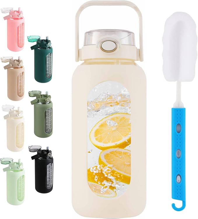 SIEROZUR 64 oz Glass Water Bottle with Straw and Handle Lid Half Gallon Motivational Glass Bottle with Silicone Sleeve and Time Marker Large Reusable Sports Water Jug for Gym Home Workout