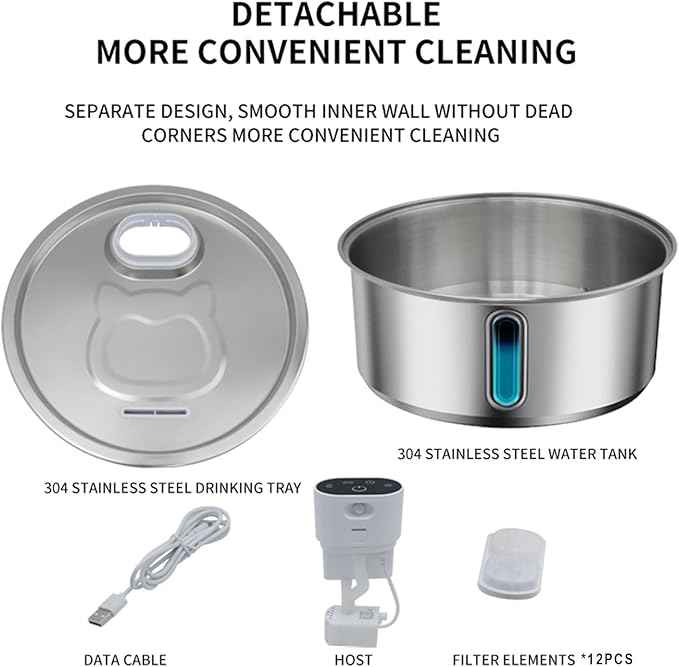 Wireless Cat Water Fountain Stainless Steel, Battery Operated, Cordless Pet Water Fountain for Cats & Dogs with Motion Sensor, Ultra Quiet Pump, 12 Filters (SS, 8L)