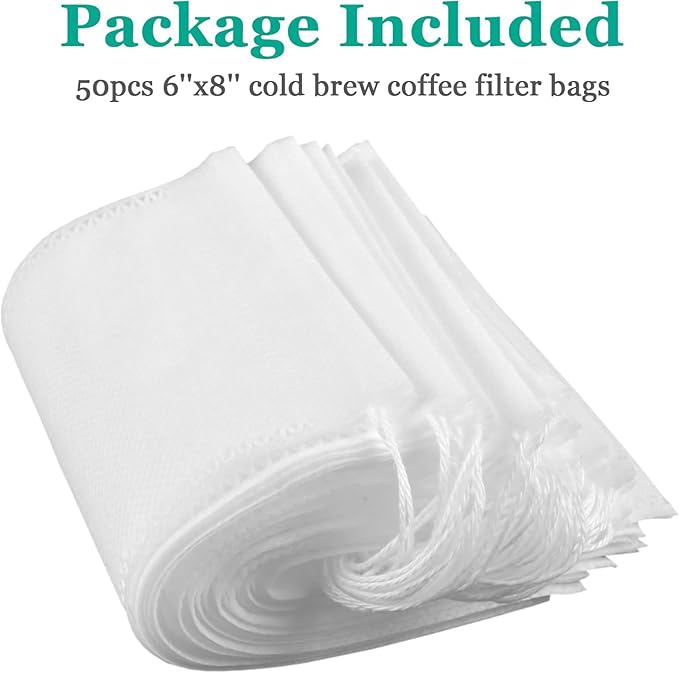 Yzurbu 50pcs 6''x8'' Cold Brew Coffee Filter Bags, No Mess Disposable Filter Bag with Drawstring for Coffee Grounds & Ice Tea