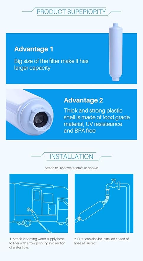 2-Pack PrimaPure RV Inline Water Filter KDF Activated Carbon Replacement for Camco 40043 Standard Water Hose, Garden Hose, Camping with1 Flexible Hose Certified To NSF/ANSI 42 by IAPMO R&T