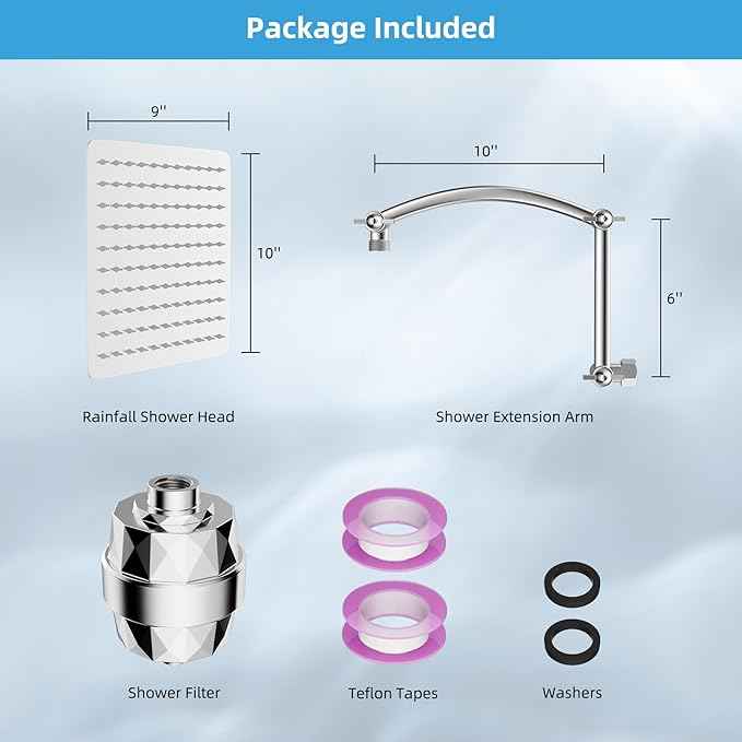 Hibbent All Metal Rain Filtered Shower Head, 10'' High Pressure Rainfall Showerhead with 16" Shower Head Extension Arm, 20 Stage Shower Filter, Solid Brass Adjustable Shower Arm Extender, Chrome