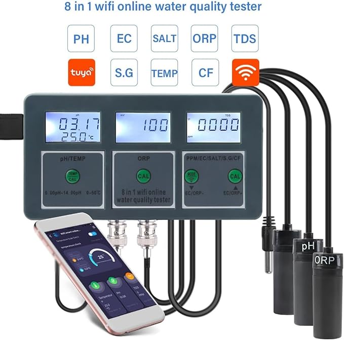 8-in-1 Water Quality Tester, Multi-Function Water Quality Monitor, WiFi Smart PH Meter Data Logger, APP Control, for Swimming Pool, Hydroponics, Drinking Water, Aquariums