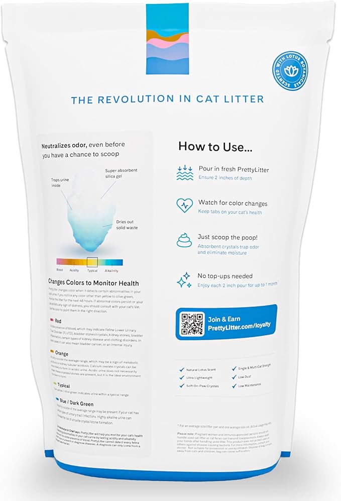 PrettyLitter Health Monitoring Cat Litter (Lotus Flower, Non Clumping) | Lightweight & Low Tracking, Color Changing Silica Gel Crystals, Advanced Odor Control — 6 Lbs, Pack of 1 (One Month Supply) - AquaVibe