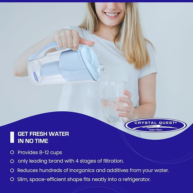 Crystal Quest Water Filter Pitcher - 12-Cup Capacity, 6-Stage Filtration, Includes 1 Long-Life Filter, BPA Free, Meets NSF Standard 42 - Filter Upto 2000 Gallons - Standard (Smart)/Blue